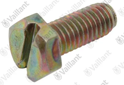 Vaillant Sechskantschraube mit gerilltem Schaft und Schlitzkopf. Sichtbare metallische Oberfläche mit bunter Beschichtung.